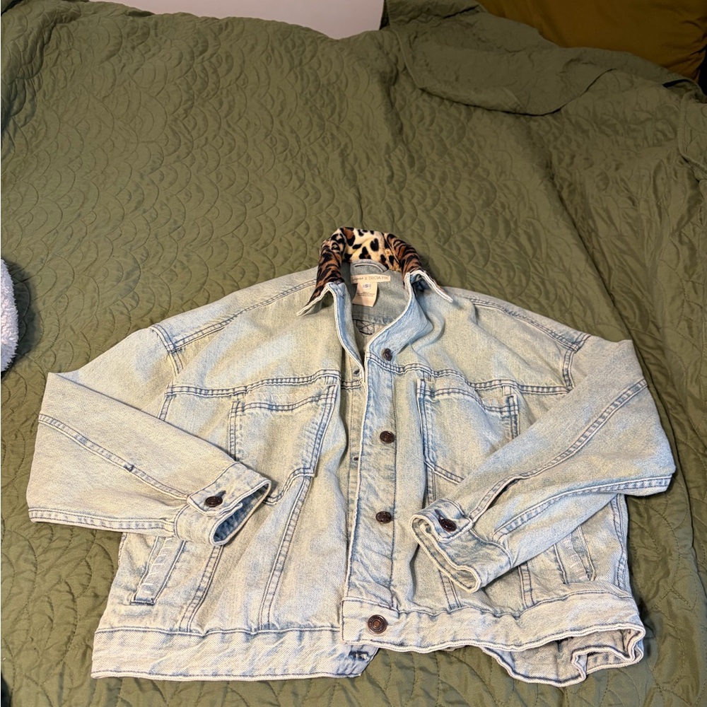 Tricia Fix Light Blue Denim Jacket with Animal Print Collar